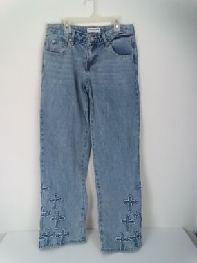 Ashley Mason Light Blue Wide Leg Jeans Cross Applique Patches Boho Hippie